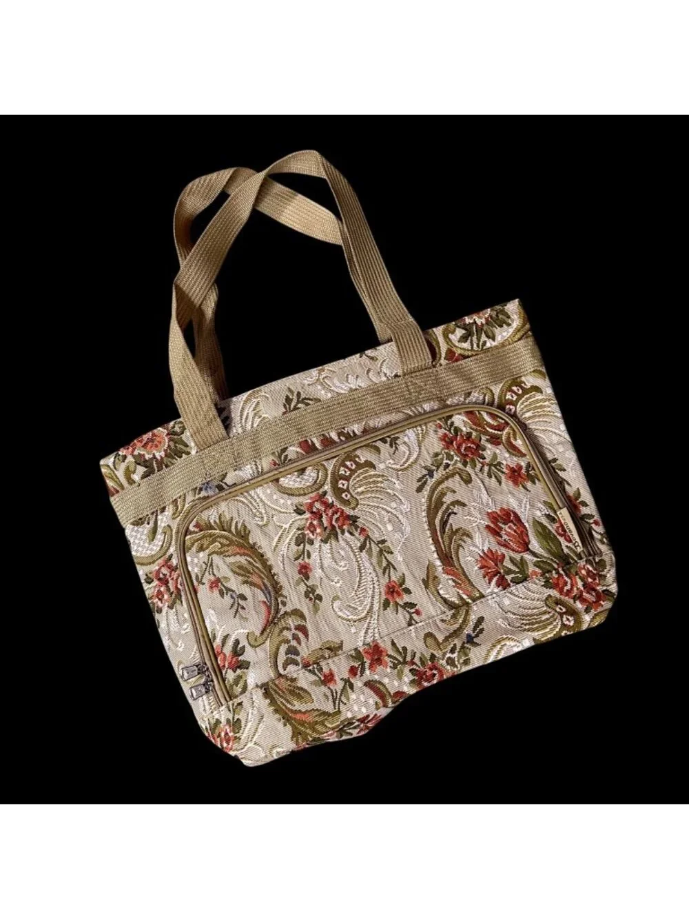 Vintage Floral Tapestry Tote Bag Orange Beige Rose Flowers Travel Bovano USA
